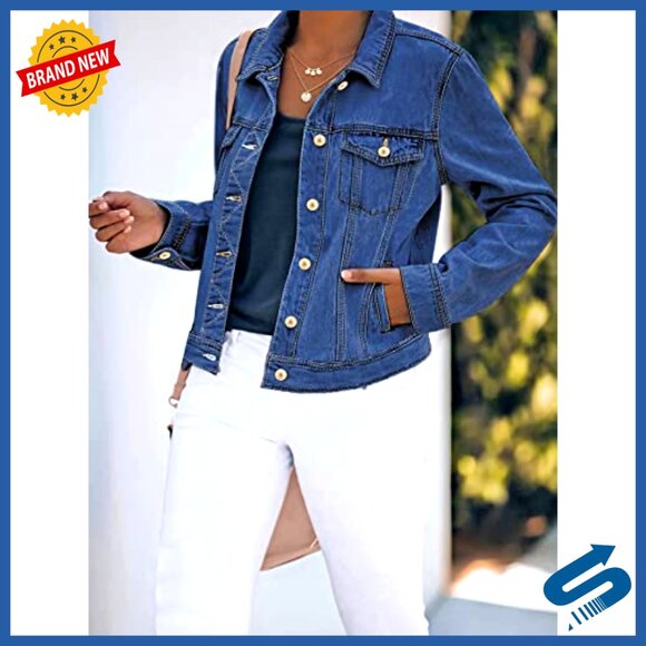 Stretch Denim Jacket Long Sleeve Button Down Fitted Women's Outerwear - Picture 5 of 7